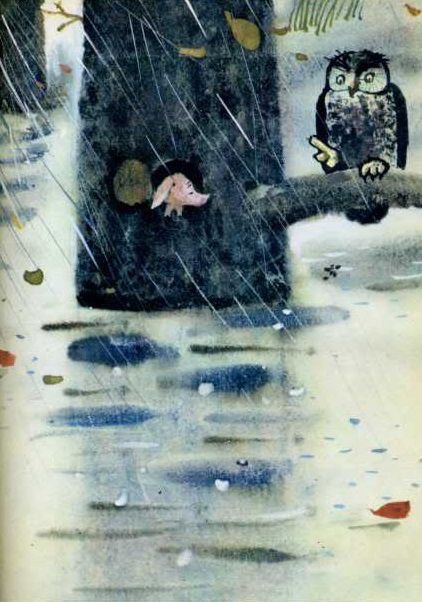 Да, немного страшновато быть Очень Маленьким Существом, совершенно окружённым водой! Кристофер Робин и Пух могут спастись, забравшись на дерево, Кенга может ускакать и тоже спастись, Кролик может спастись, зарывшись в землю, Сова может улететь, а Иа может спастись — ммм... если будет громко кричать, пока его не спасут. А вот я сижу тут, весь окружённый водой, и совсем-совсем ничего не могу сделать!