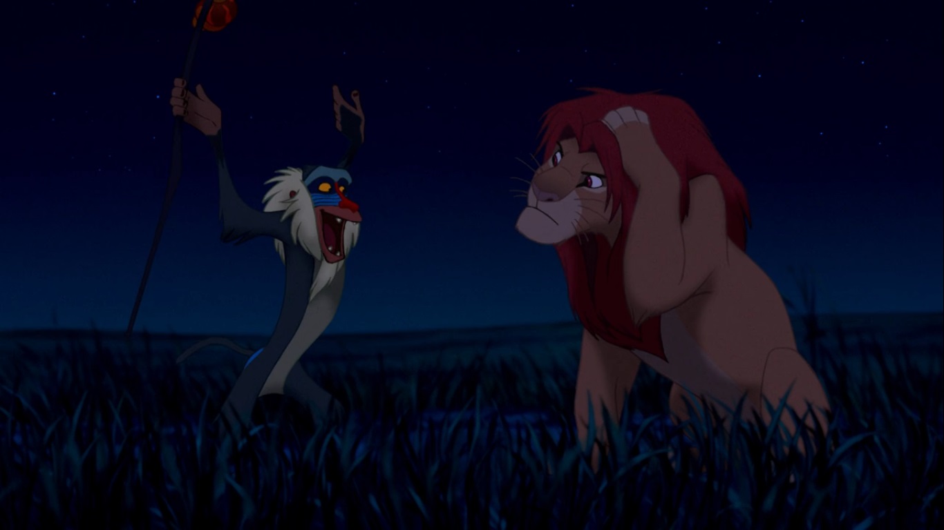 — Я знаю, что я должен вернуться туда. Но это означает, что я должен встретиться со своим прошлым. Я так долго убегал от него...
[Рафики бъет Симбу по голове]
— Ой! Что это было? За что?
— Это было твое прошлое.
— Больно ведь.
— Да, прошлое может причинять боль. Можно или убегать от него, или научиться чему-то.