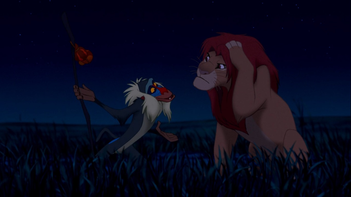 — Я знаю, что я должен вернуться туда. Но это означает, что я должен встретиться со своим прошлым. Я так долго убегал от него...
[Рафики бъет Симбу по голове]
— Ой! Что это было? За что?
— Это было твое прошлое.
— Больно ведь.
— Да, прошлое может причинять боль. Можно или убегать от него, или научиться чему-то.