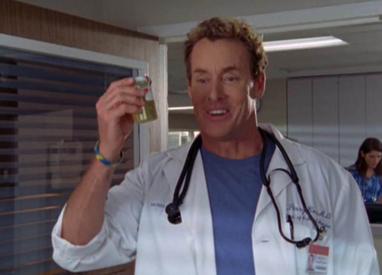 — Хех, уже наверно в тысячный раз писаю для вас в стаканчик...
— [поднимает баночку с анализом] Ну что ж, тогда — За нас!... Что, ещё не готовы веселиться?
— Нет, не очень.